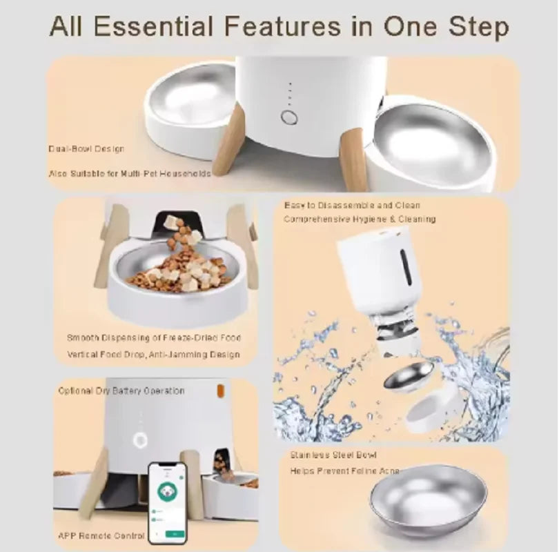 5L Pet Intelligent Feeder WiFi Automatic Cat Feeders for 2 Cats Cat Food Dispenser with APP Control Double Stainless Steel Bowls