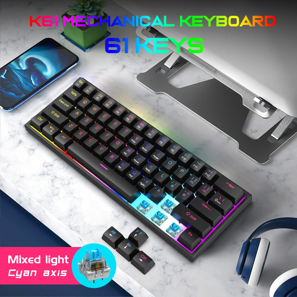 61 Keys Mechanical Keyboard Wired Gaming Keyboard Portable Ergonomics Keyboard Hot-Swappable RGB Backlit Cyan Axis Keycap For PC