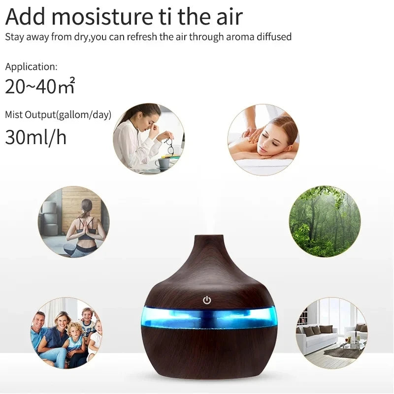 300ml High Quality Aromatherapy Essential Oil Diffuser Wood Grain Remote Control Ultrasonic Air Humidifier with 7 Colors Light