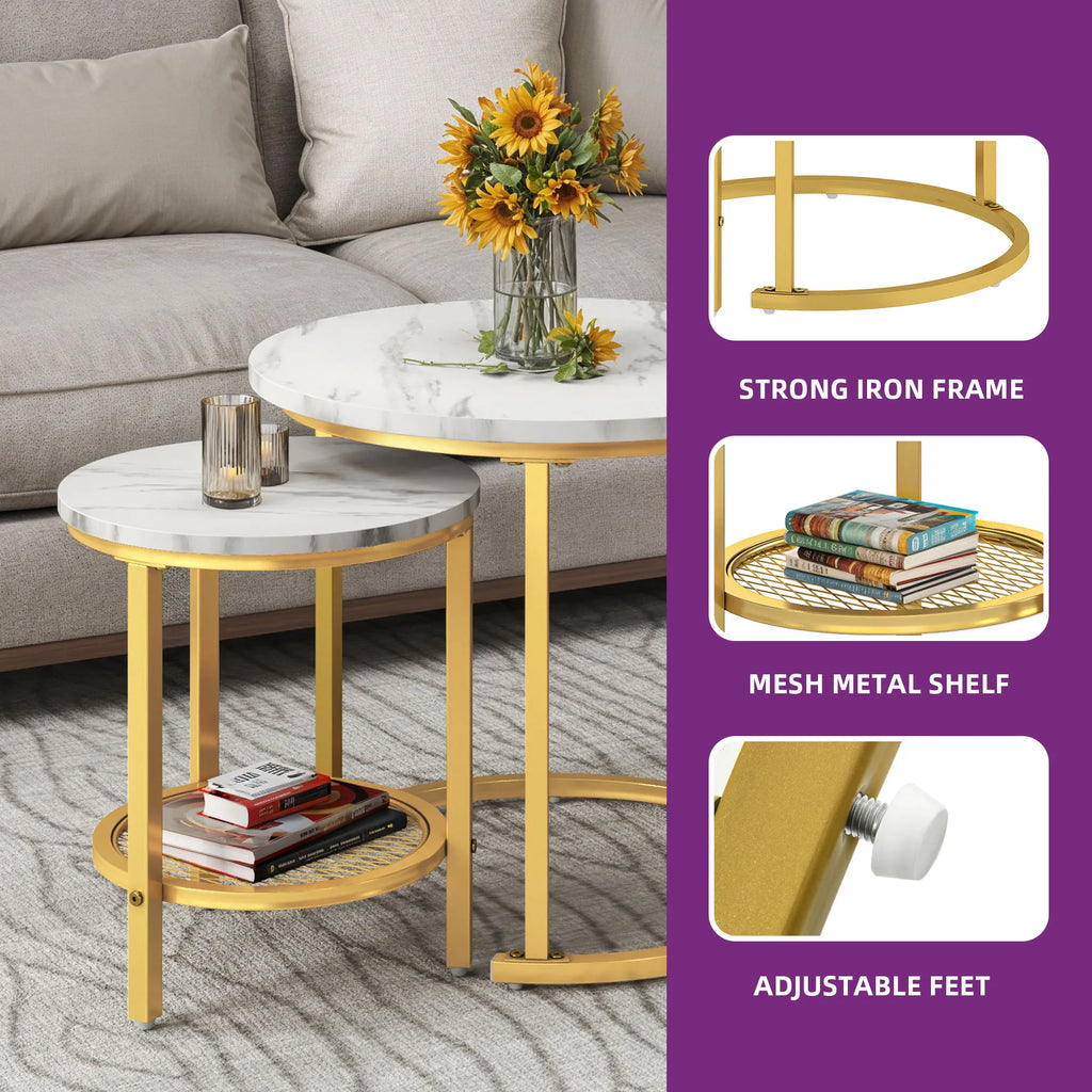 YITAHOME 2-Piece Nesting Coffee Table Set - Round Wood Top & Metal Frame with Storage, 60x60x50.5cm, Easy Assembly