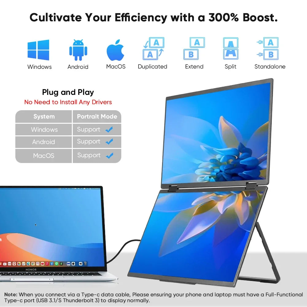 15.6 Inch FHD Dual Screen Extend LCD 1080P Monitor Portable Foldable Laptop Smart Gaming Triple Screen Display Computer Monitor