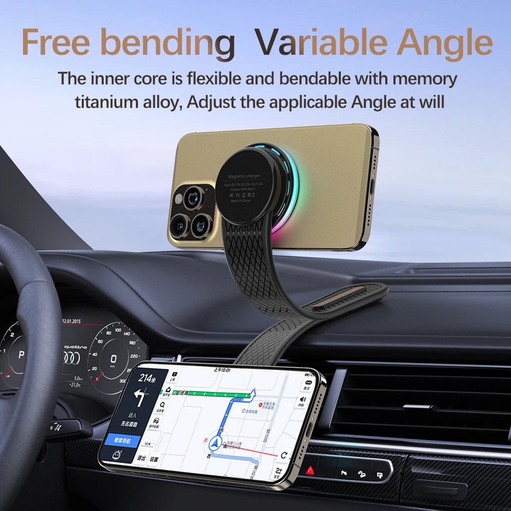 15w Car holder magnetic wireless charger compatible with iPhone MagSafe 17 16 15 14 13 12 car mount charger adjustable angle