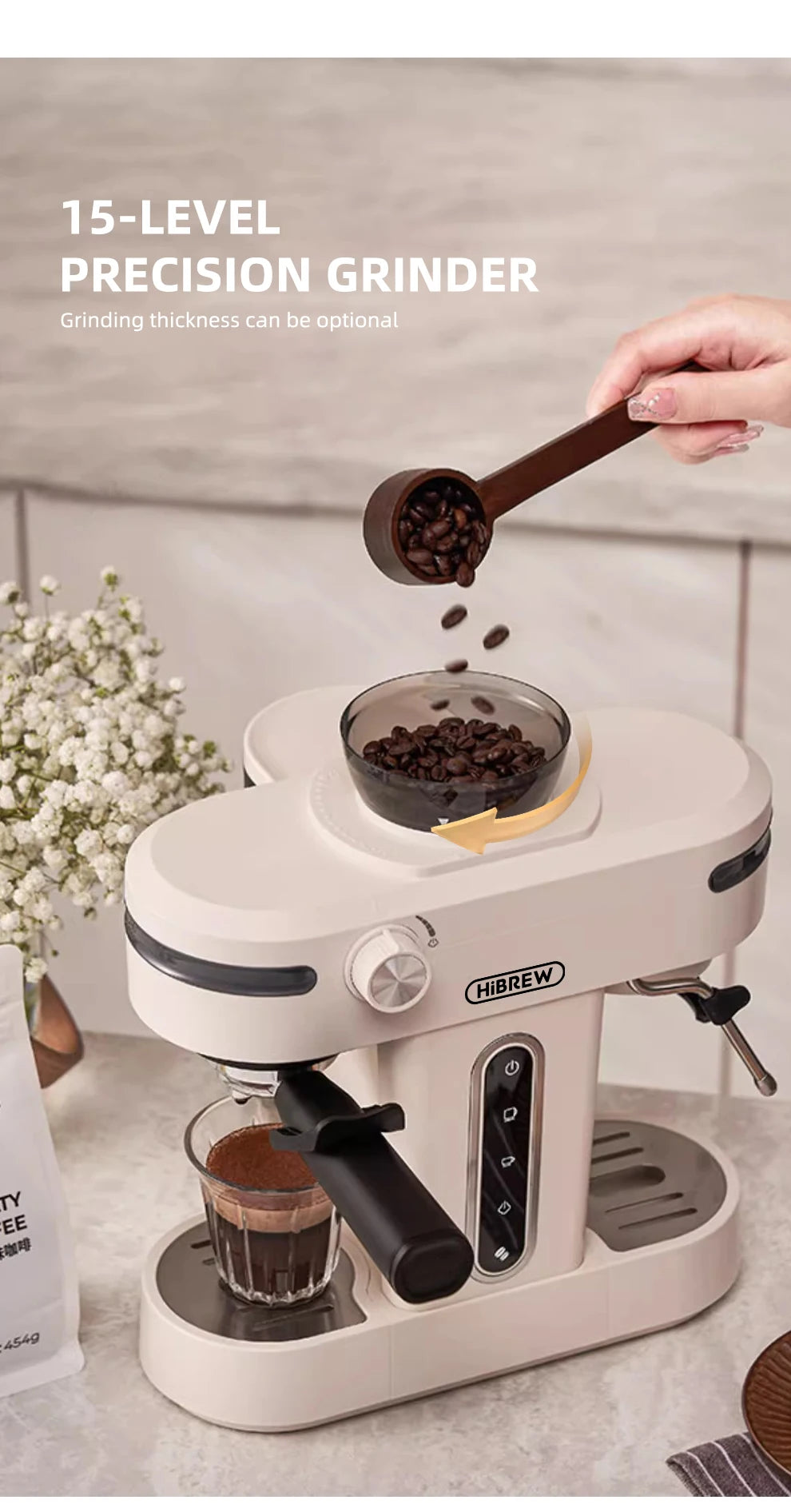 HiBREW 20 Bar Semi Automatic Espresso Coffee Maker With Grinder Bean For Cappuccino and Latte Milk Frothing System Machine H14