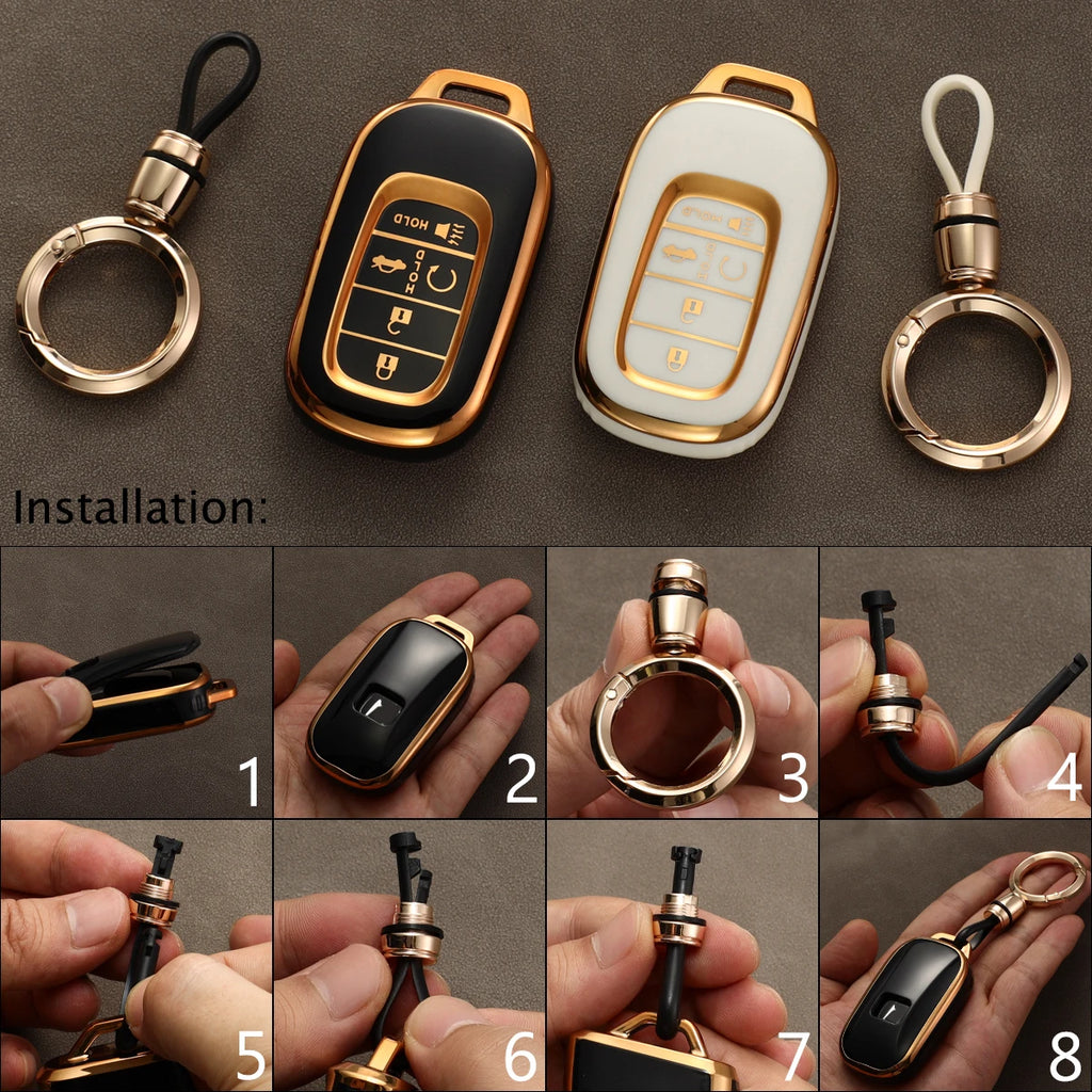 Key Fob Cover Case with Gold Trim and Detachable Keychain, Fits for Honda 2025 HR-V, CRV, Pilot, Accord, Civic Car Keys