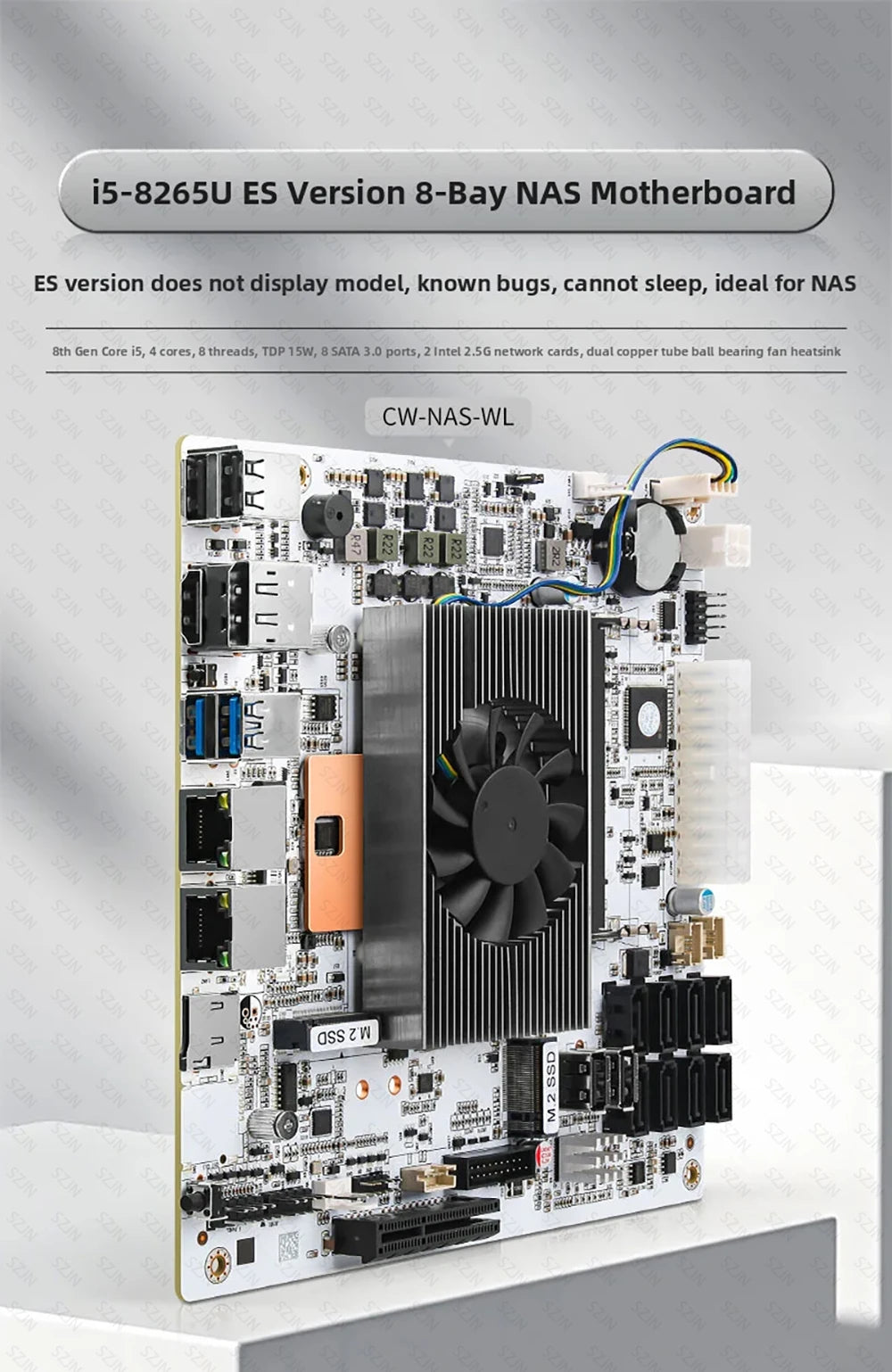 Nas Set Motherboard CPU Combo with Onboard I5-8265U ES Processor DDR4 8-32G 2400MHz Support 8*SATA3.0 2*M.2 NVME Low Power