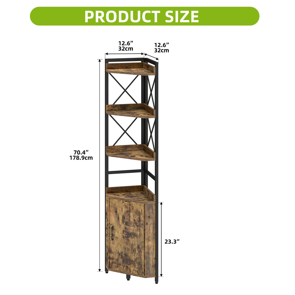 YITAHOME Rustic Brown 4-Tier Corner Bookshelf - Industrial Wood & Metal Storage Cabinet for Living Room/Office/Hallway