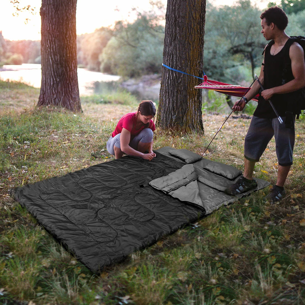 2 in 1 double sleeping bag, single sleeping bag XL, ceiling sleeping bag 2 persons/With 2 pillows/220x150cm/for camping, hiking