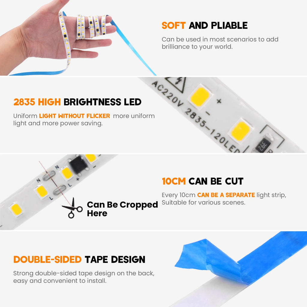 10m 20m 50m 220V 2835 LED Strip Light No Need Driver High Bright 120LEDs/M Flexible Tape Lights IP44 Waterproof Home Lighting