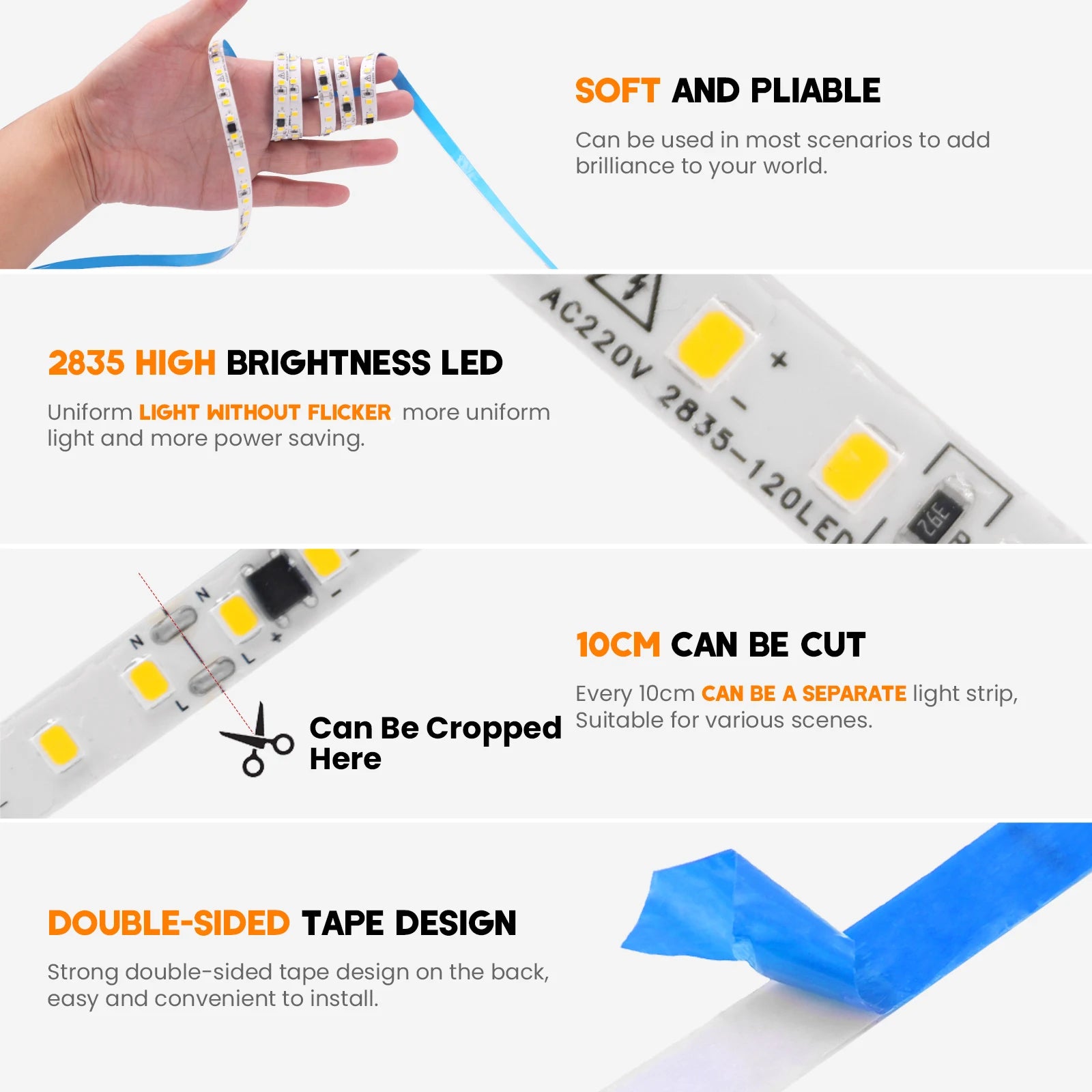 10m 20m 50m 220V 2835 LED Strip Light No Need Driver High Bright 120LEDs/M Flexible Tape Lights IP44 Waterproof Home Lighting