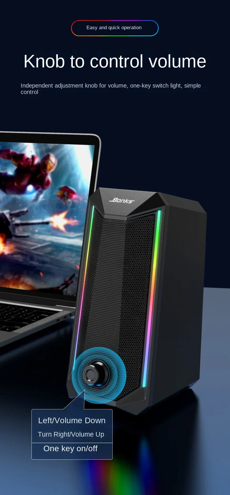 Desktop Speakers, 2.0 Channel PC Computer HiFi Stereo Gaming Speaker with Colorful LED Light Modes, Enhanced Bass and Easy-Acces
