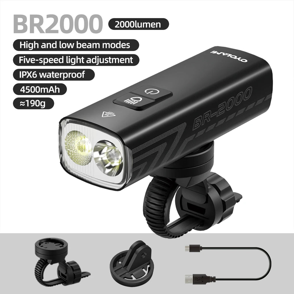 2000 Lumens CYCLAMI Bike Headlight Bicycle Flashlight Handlebar Type-C MTB Road Highlight BR2000 Front Lamp Light Aluminum Alloy