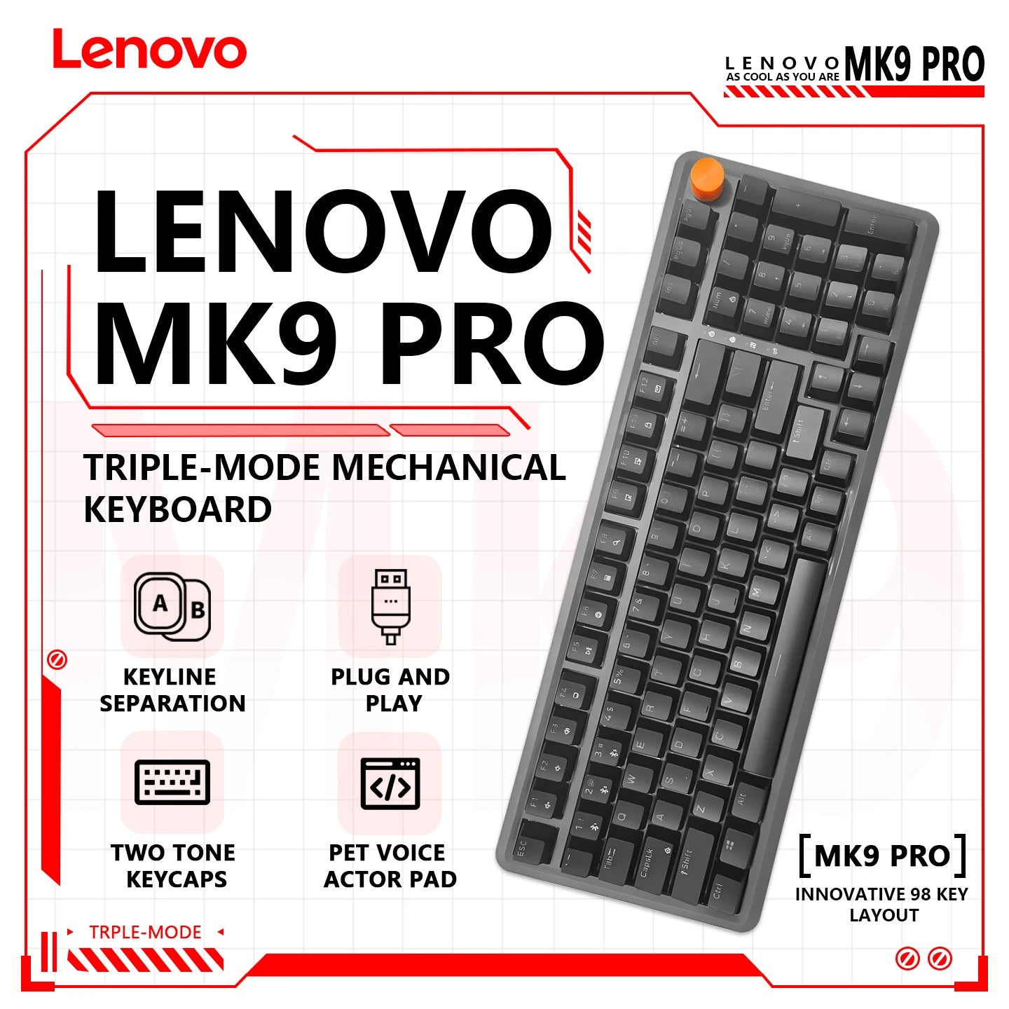 Lenovo MK9 Mechanical Gamer Keyboard RGB Customize Wireless USB/2.4G/Bluetooth 3Mode CNC Esports Gaming Keyboard Office Gifts