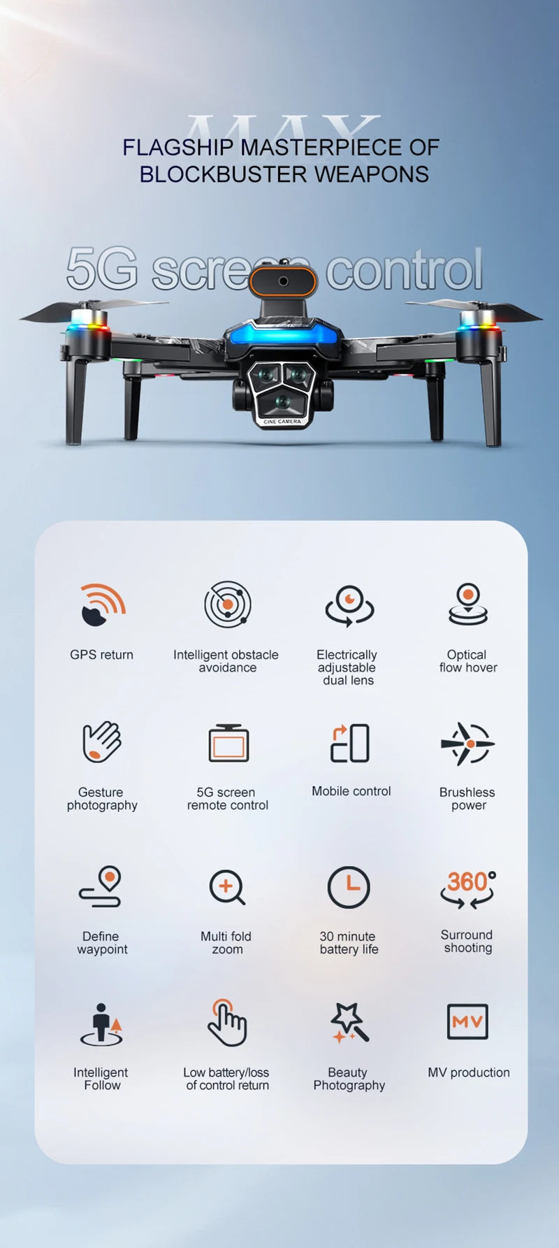 A14Pro Max Drone 8K HD Three Camera GPS Brushless Optical Flow Obstacle Avoidance 4.5-inch large screen UAV RC 18000M