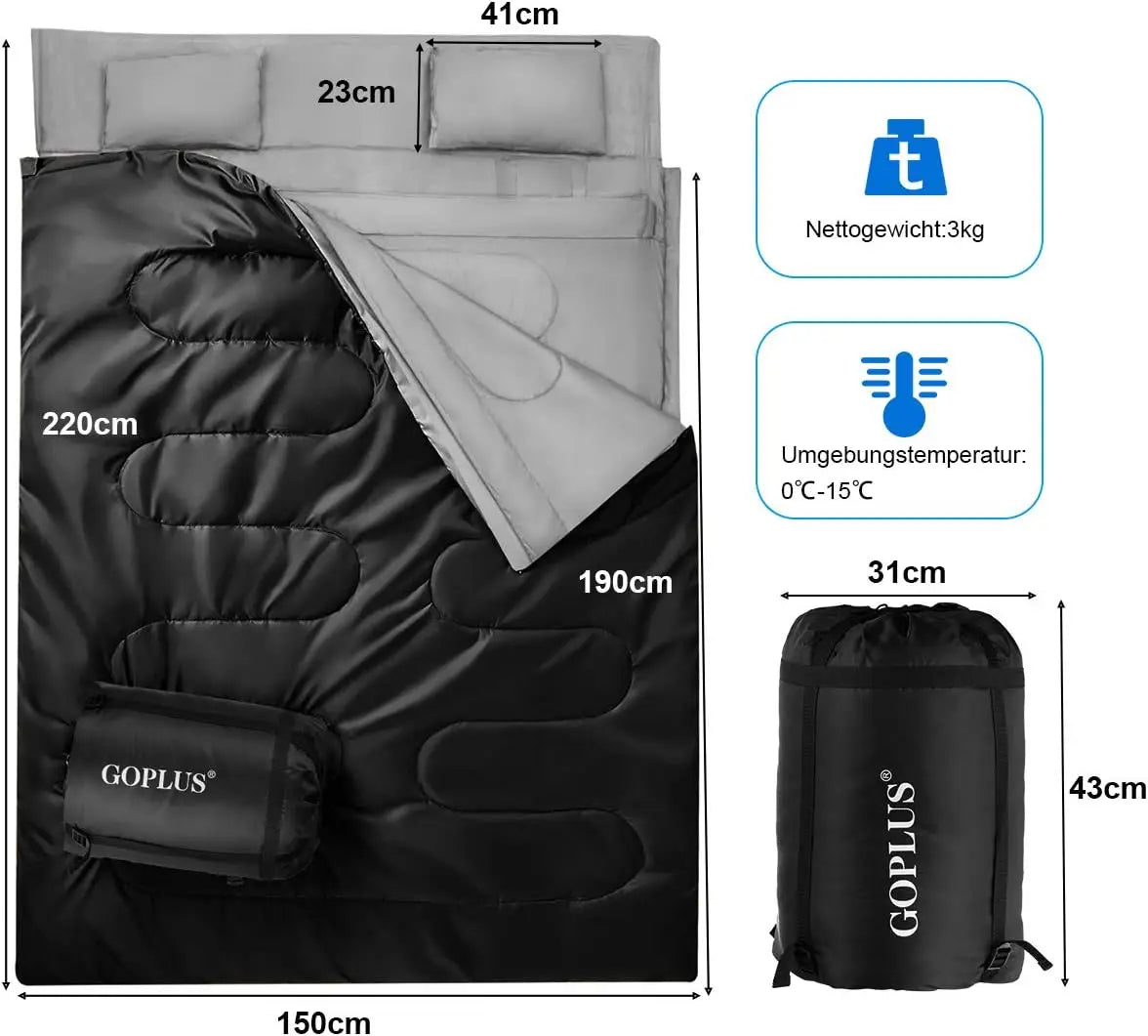 2 in 1 double sleeping bag, single sleeping bag XL, ceiling sleeping bag 2 persons/With 2 pillows/220x150cm/for camping, hiking