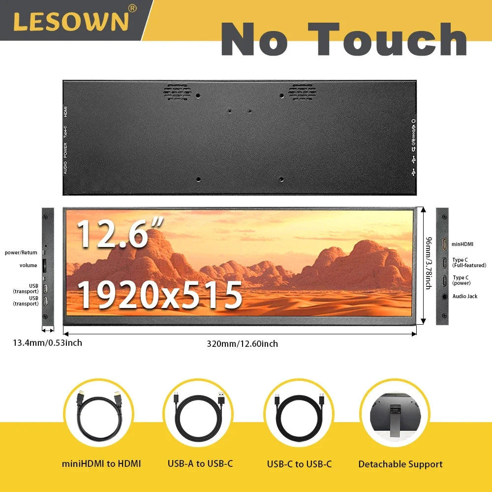 LESOWN Long Bar 12.7 12.6 inch Monitor 120Hz 2880x864 IPS Touch HDMI Type C Sensor Panel LCD Data Ancillary Screen Temp Display