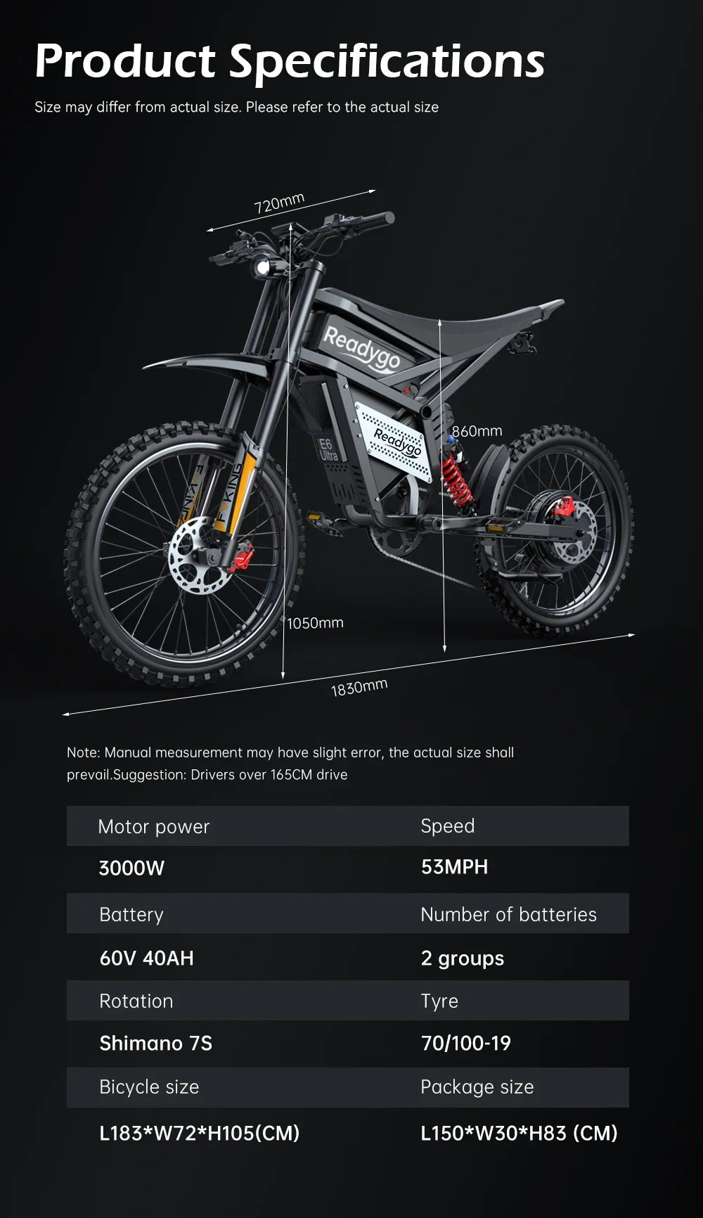 Readygo E6 Ultra Adult Off-Road Ebike 3000W Brushless Motor 60V 30AH Lithium Battery Electric Bicycle 85Km/h