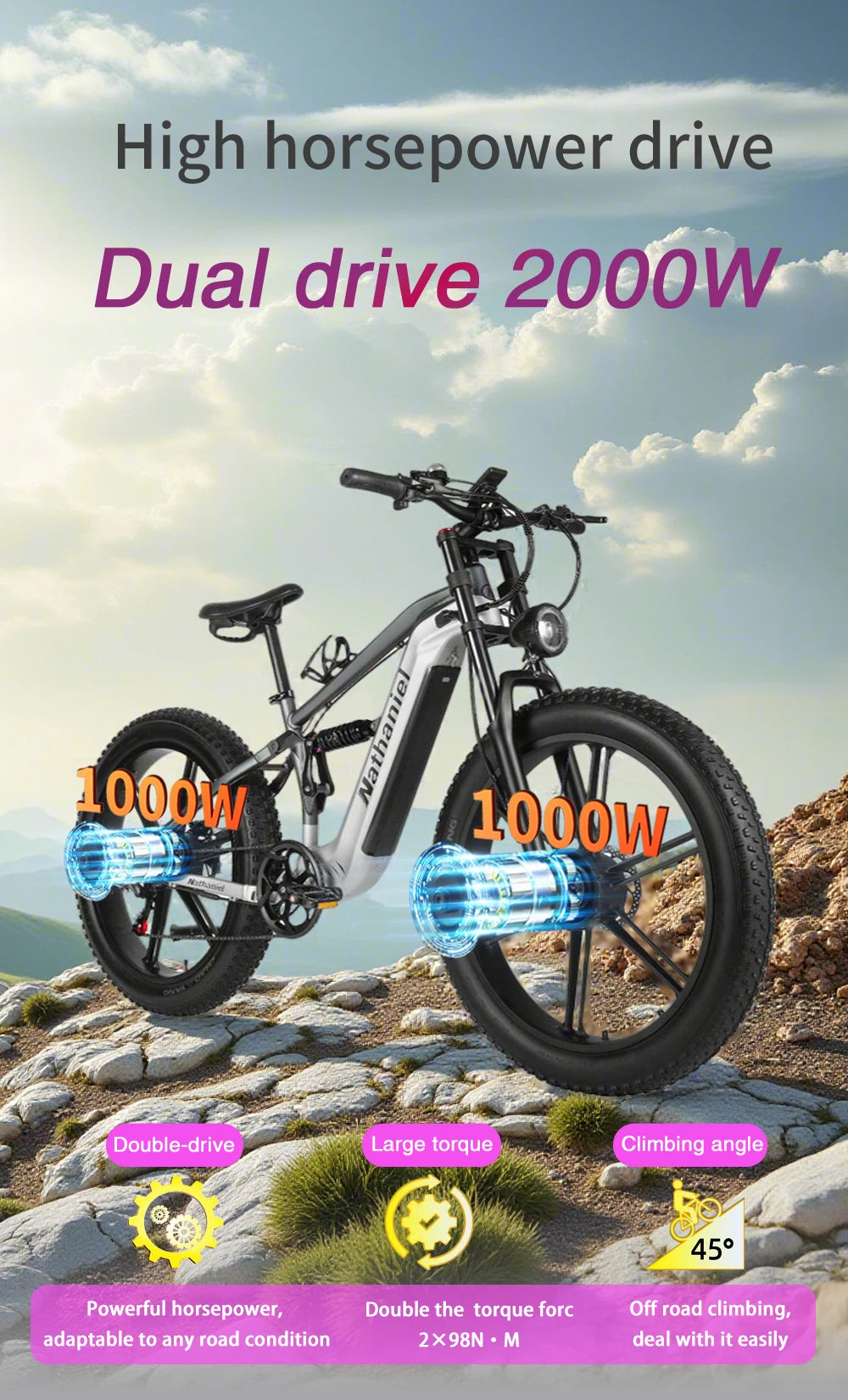 Nathaniel 2000W E-Bike SYR09 Dual Drive 26x4.0 Fat Tire 48V20AH Battery E-Mountain Bike Outdoor Sports All-Terrain Electric Bike