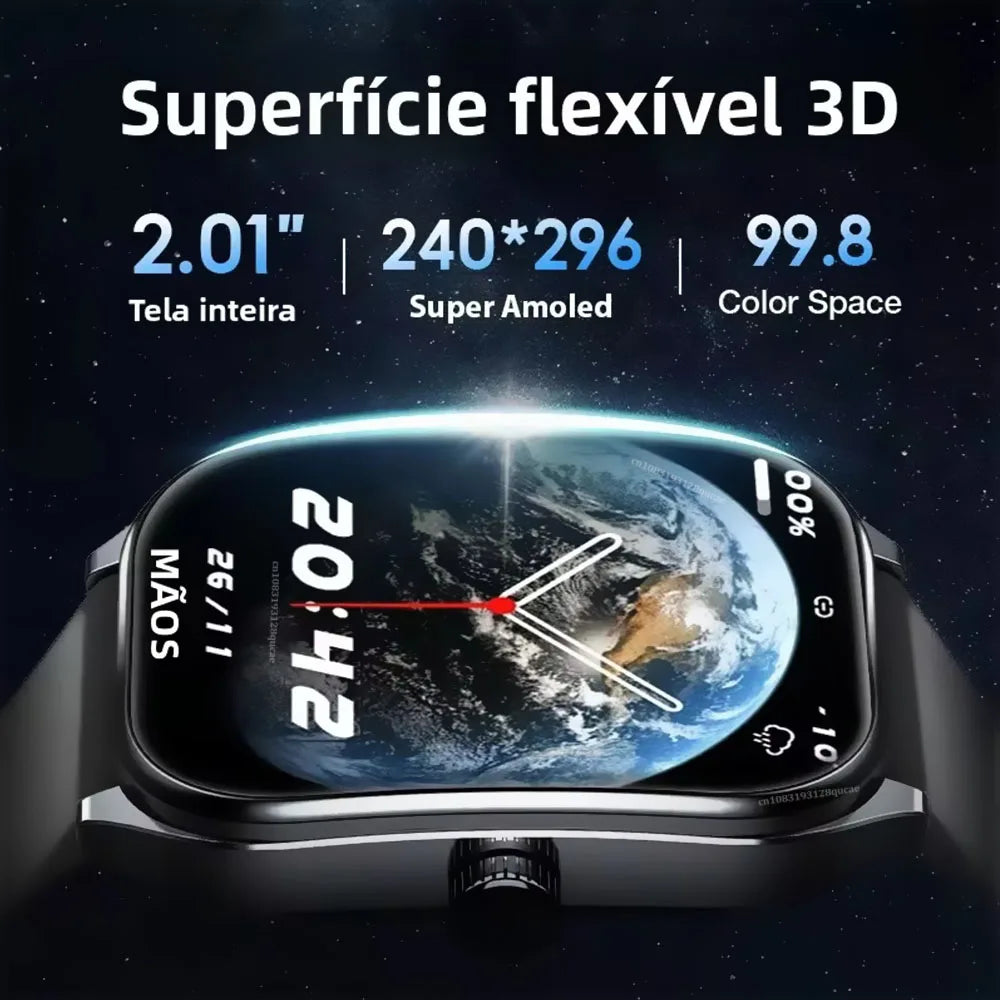 Smart Watch 2.01'' AMOLED Curved Screen IP68 Waterproof Bluetooth Call AI Vioce Assistant Fitness GPS Tracker Smartwatch for Men