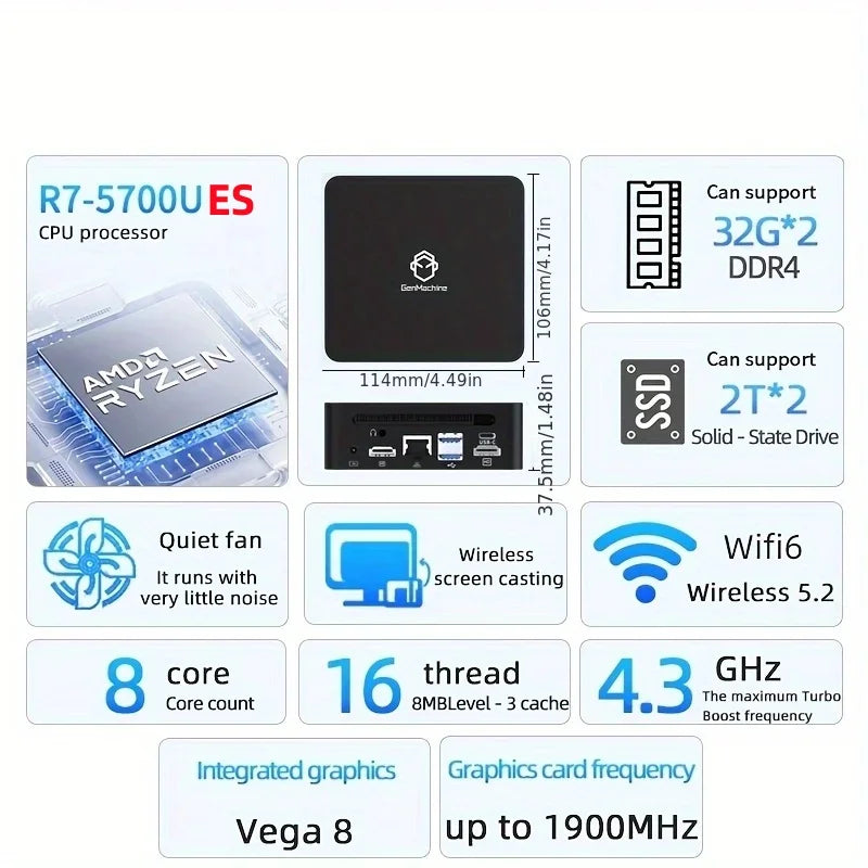 2025 GenMachine New Mini PC R7 5700U 4800H ES AMD Ryzen7 5700U 4800H ES CPU Support Windows 10/11 DDR4 3200MHz AMD WiFi6 BT5.2