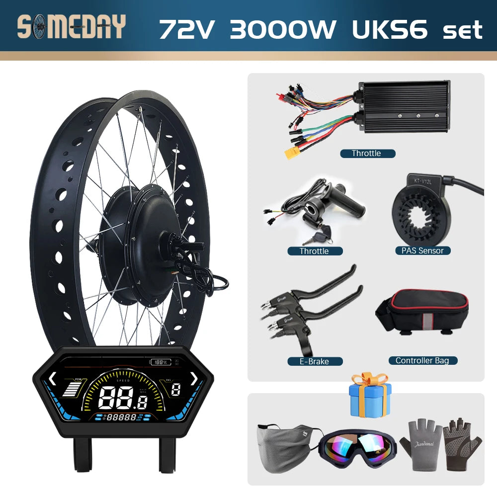 Ebike Fat Tire Conversion Kit 72V 3000W Rear Rotate Hub Motor Wheel 20/24/26 inch Dropout 170mm for Snow Electric Bicycle