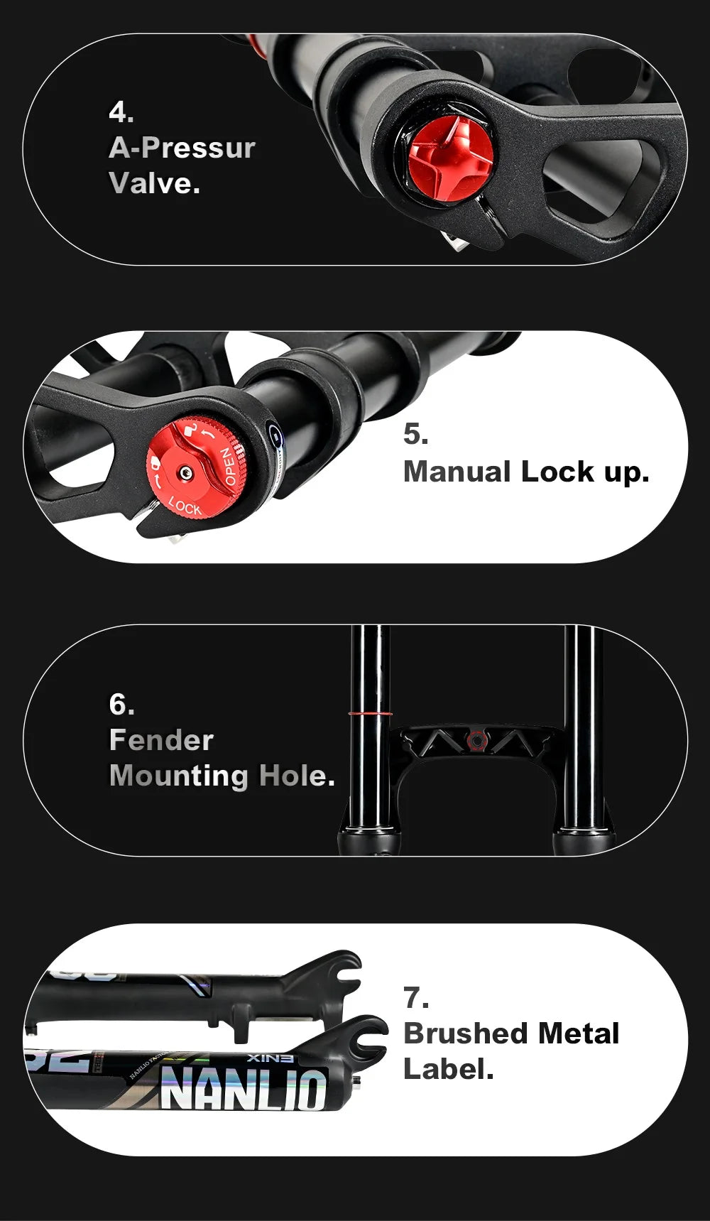 Nanlio Double Shoulder Snow Fork 20/26x4.0 Inch Fat Tire Air Suspension34mm Tube 135mm Hub Width for E-Bike MTB Electric Bicycle