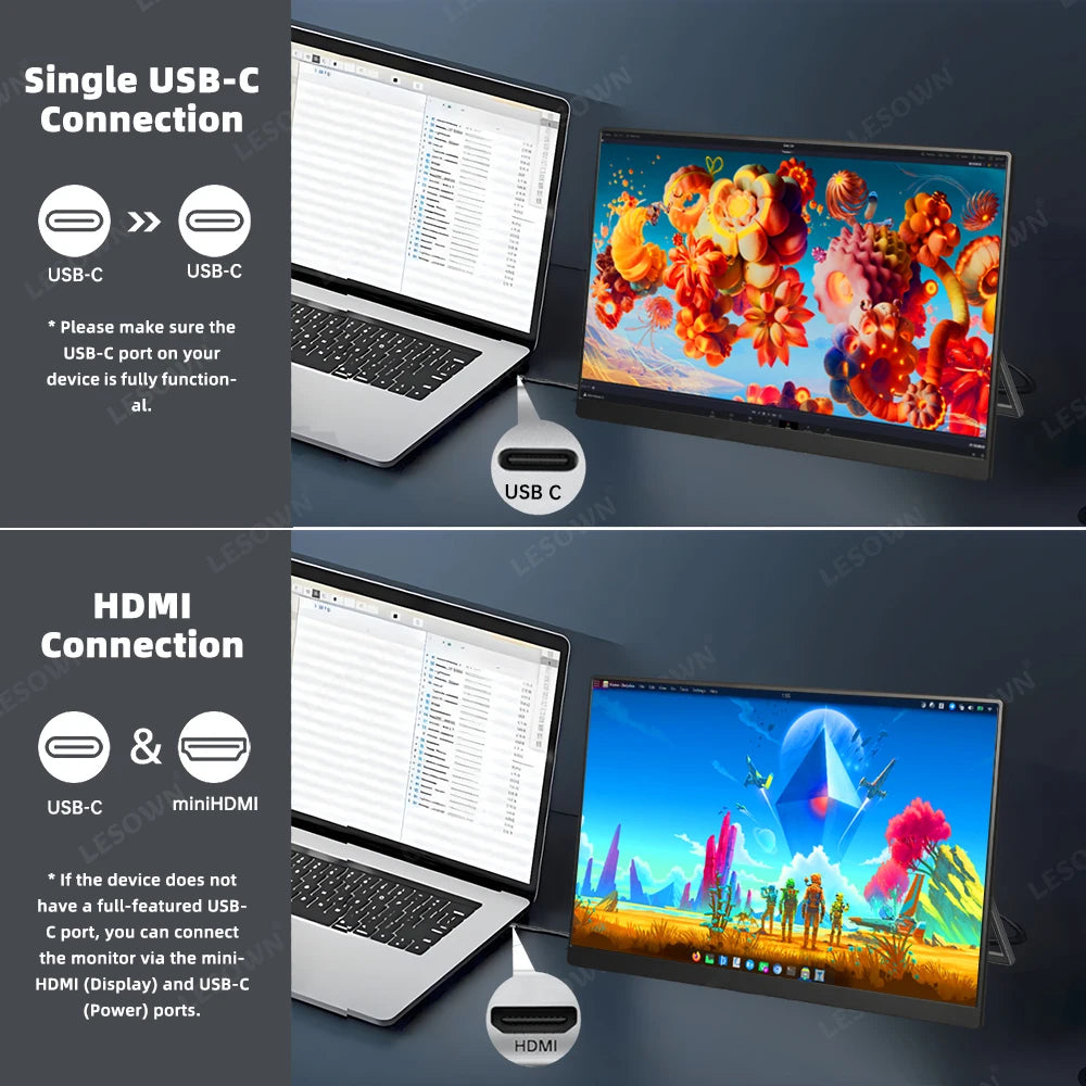 LESOWN 120Hz 2.5K Monitor 11.6 14 16 inch IPS 3840x2160 UHD VESA Gaming External Screen USB-C Display with Speaker Plastic Shell