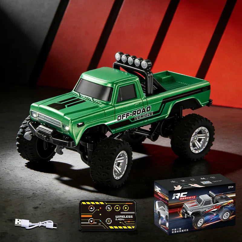 1：64 Mini Remote Control Off Road Truck Alloy Shell Rechargeable With Led Lights Anti Collision Night Play Electric Toy For Kids