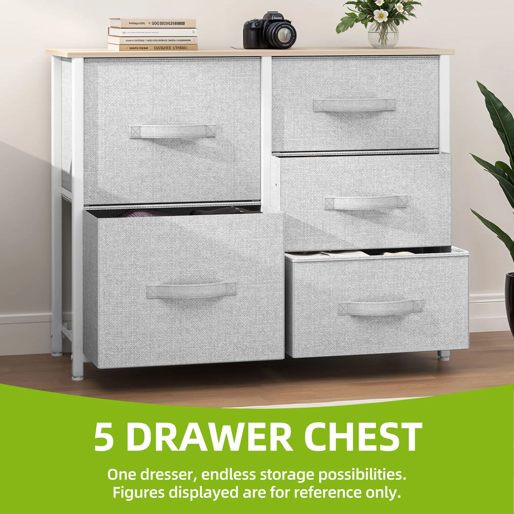 YITAHOME 5-Drawer Fabric Dresser - Steel Frame & Wood Top w/Easy-Pull Bins, for Bedroom, Living Room, Nursery (Cool Gray)