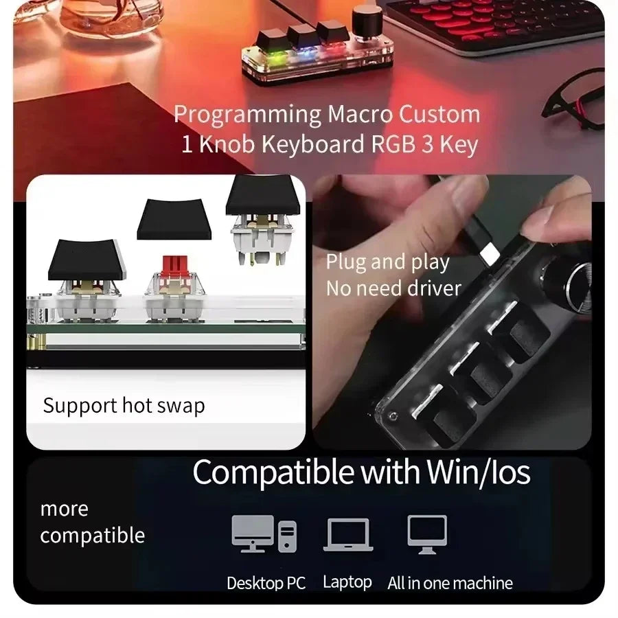 Mini Macro Mechanical Keyboard with 3 Keys 1 Knob USB RGB Gaming Custom Programming Switch Portable Keypad for PC Game Photoshop
