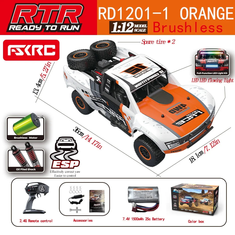 Hb-Rd1201-1204 1:12 Scale 4WD High-Speed Remote Control Car with LED Light 2.4GHz Frequency 45km/h RC Short Truck Toy Model