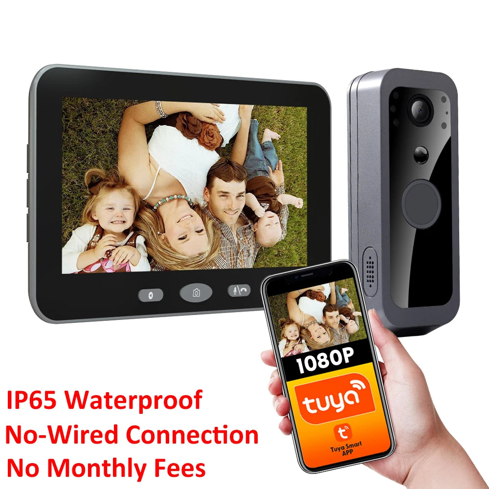Tuya Smart Wireless Doorbell Camera Outdoor WiFi Audio Video Door Phone Intercom System 1080P 5'' Monitor Screen No Monthly Fees