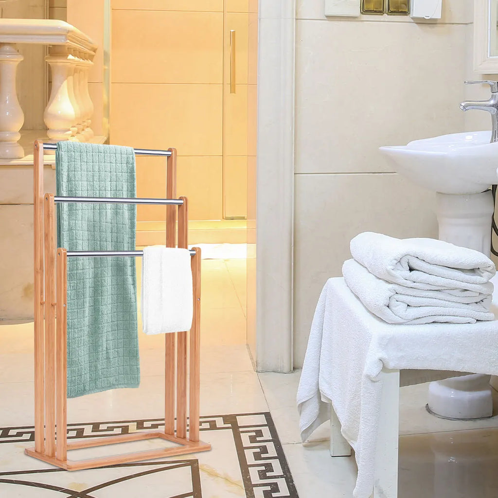 Towel Holder standing 3 stainless steel pole towel stand bamboo stand towel holder bathroom organizer