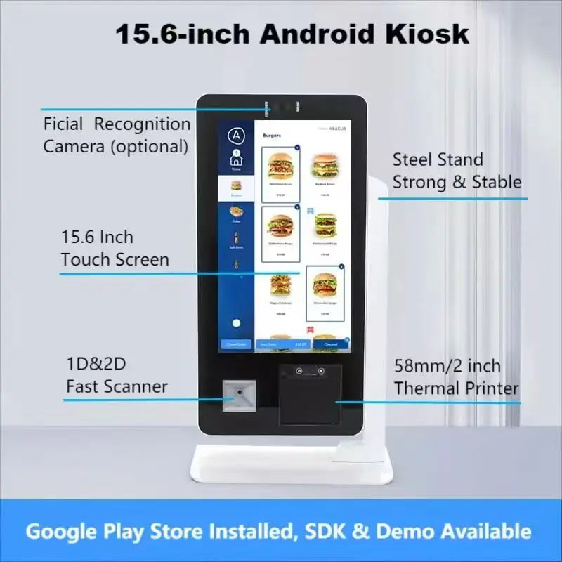 Desktop 15.6 Inch Touch Screen Kiosk Self Ordering Machine with 2D Scanner & 58mm Printer Foodcourt Unattended Payment Terminal