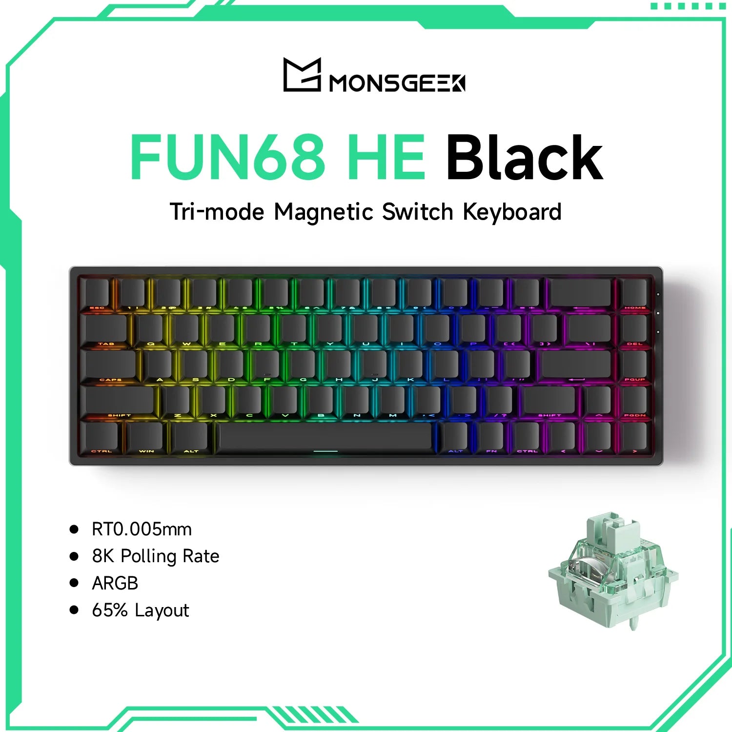 MonsGeek FUN68 HE Mechanical Keyboard 65% ANSI Magnetic Switch Rapid Trigger 0.005mm 8K ARGB USB/Wireless Gaming Custom Keyboard