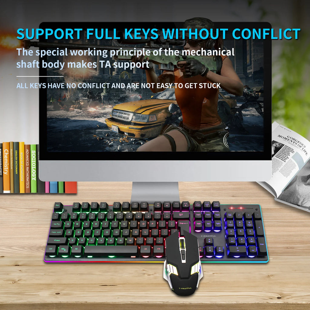 KM99Gaming Mechanical Keyboard Feel Rainbow LED Backlight USB Keyboard and Mouse Set Ergonomic for PC Laptop Computer Gamer