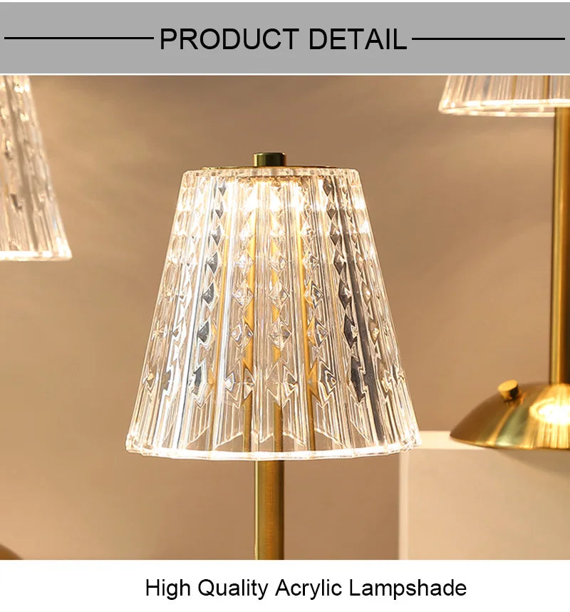 Nordic Crystal Rechargeable Table Lamp LED Bar Lamp Touch Dimmable Golden Desk Lamp Living Room Bedroom Hotel Lamp Bedside Lamp