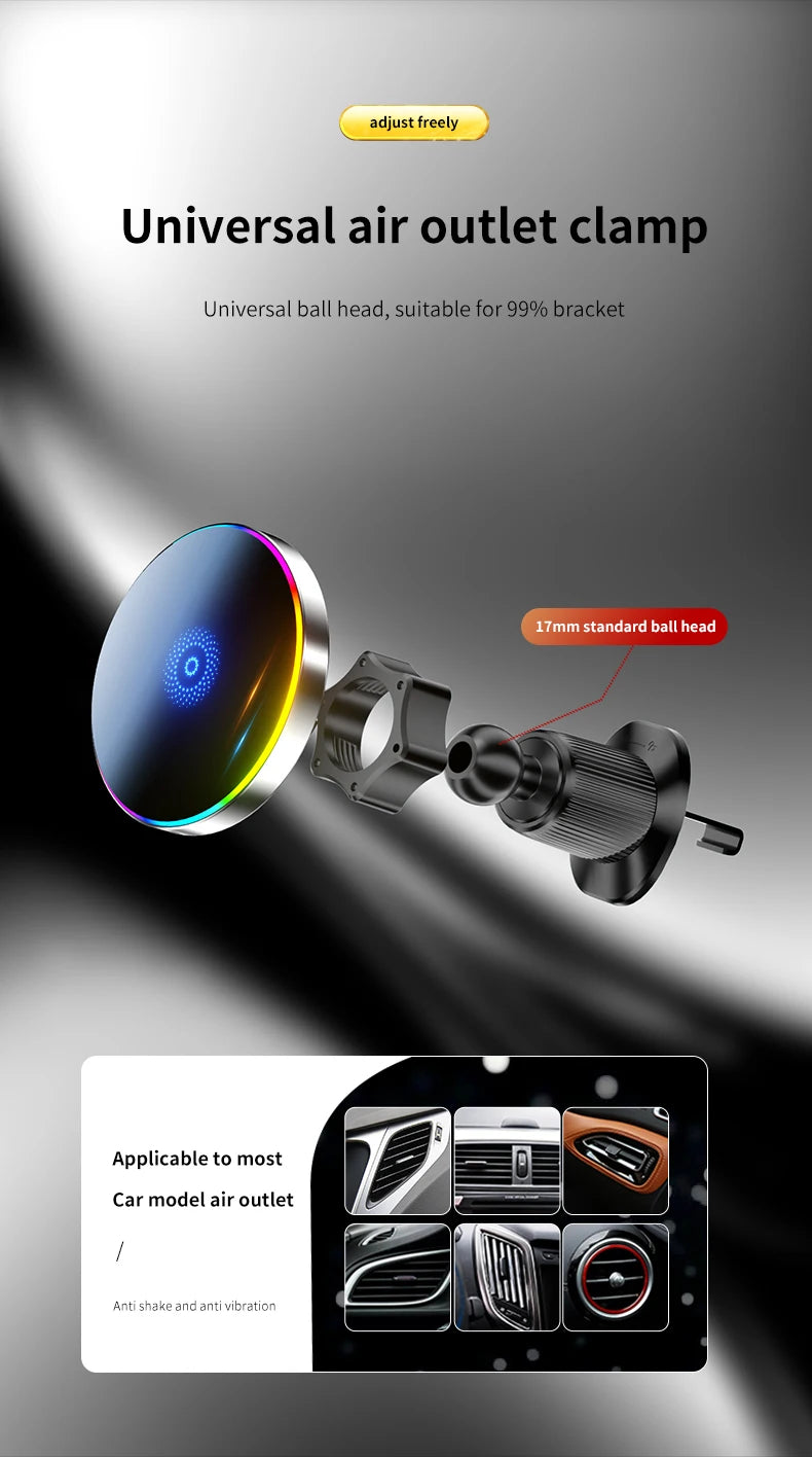 Car Magnetic Phone Holder Magnetic Wireless Car Charger Mount 15W Magnetic RGB LED Lights Magsafe Charger Base Accessories Phone
