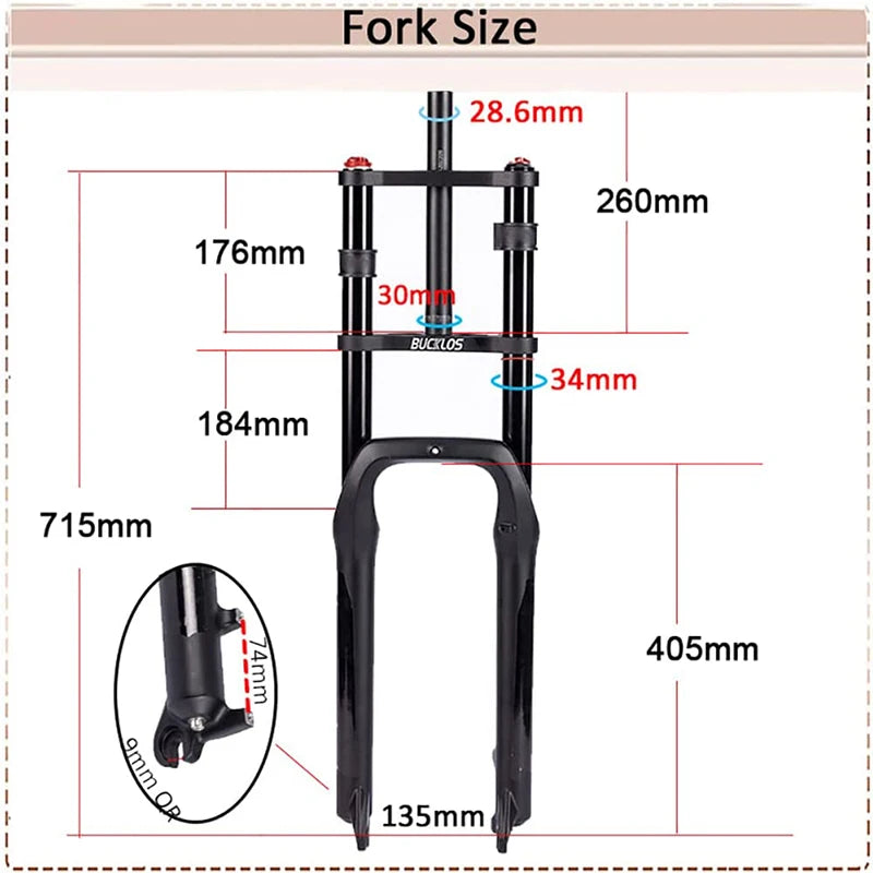 BUCKLOS Snow Fat Bike Fork 20*4.0 Inch / 26*4.0 Inch Air Suspension Fork Travel 180mm Double Shoulder E-Bike Fork Bicycle Parts