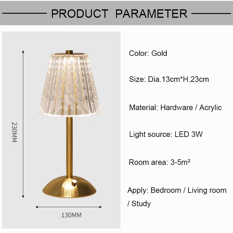 Nordic Crystal Rechargeable Table Lamp LED Bar Lamp Touch Dimmable Golden Desk Lamp Living Room Bedroom Hotel Lamp Bedside Lamp