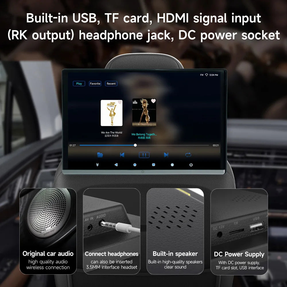 13.3/14" Car Headrest Monitor Display IPS Android 12 2G+32G/4G+64G/8G+128G Touch Screen For Car Rear Seat Player Dual HDMI Music