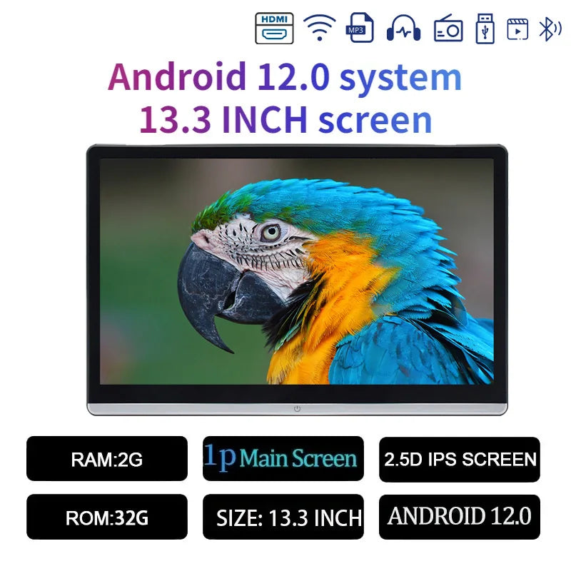 13.3/14" Car Headrest Monitor Display IPS Android 12 2G+32G/4G+64G/8G+128G Touch Screen For Car Rear Seat Player Dual HDMI Music