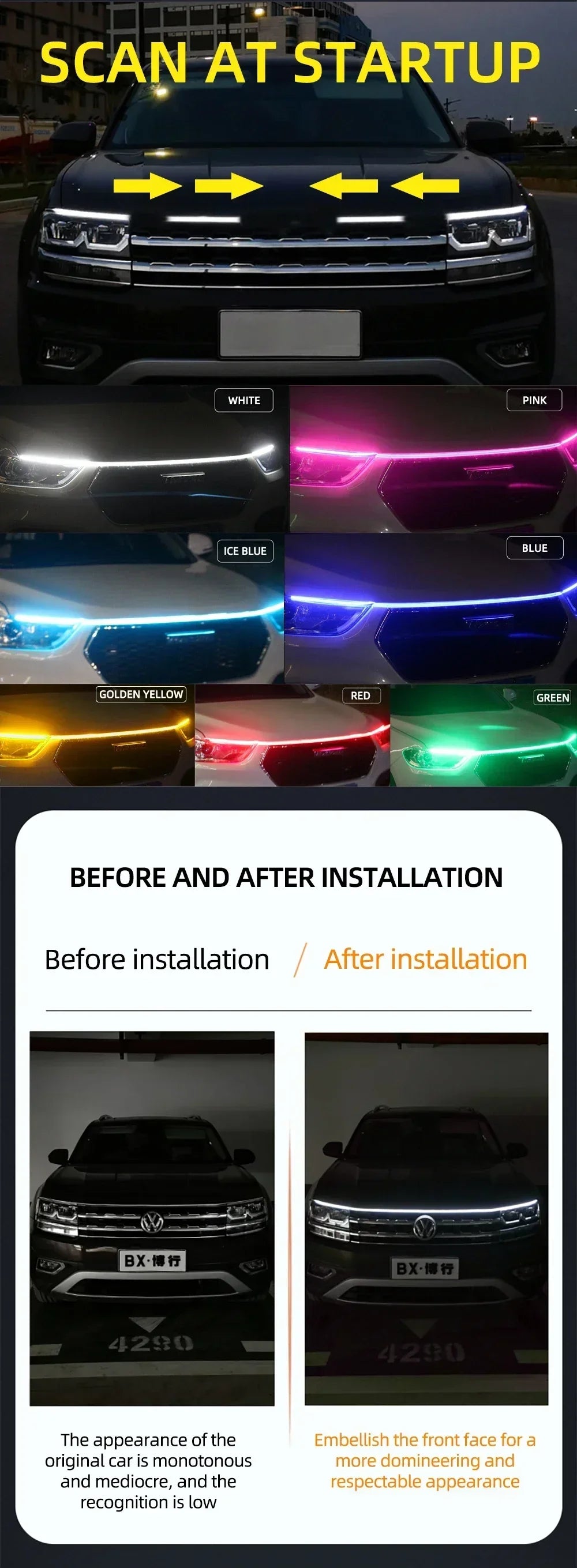LED  Car Daytime Running Light DRL With Turn Signal Lamp Car Hood Decorative Light Strip With Start Scan Meteor Dynamic 12V