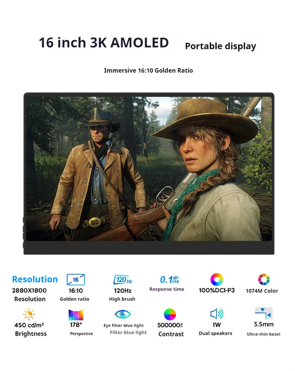 3K 16inch Portable Monitor 2880*1800 450d/m2 100%DCI-P3 For Laptop Second Screen HDMI-Compatible Games Expand Display