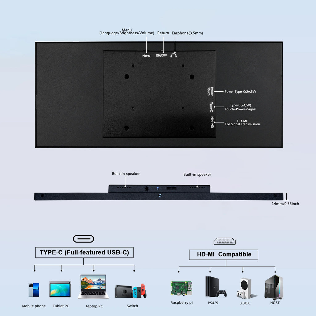 Wisecoco 12.3/11.3'' 1920x720 Touch Portable Monitor Stretched Bar Screen Gaming Monitor Not support AMD integrated graphics