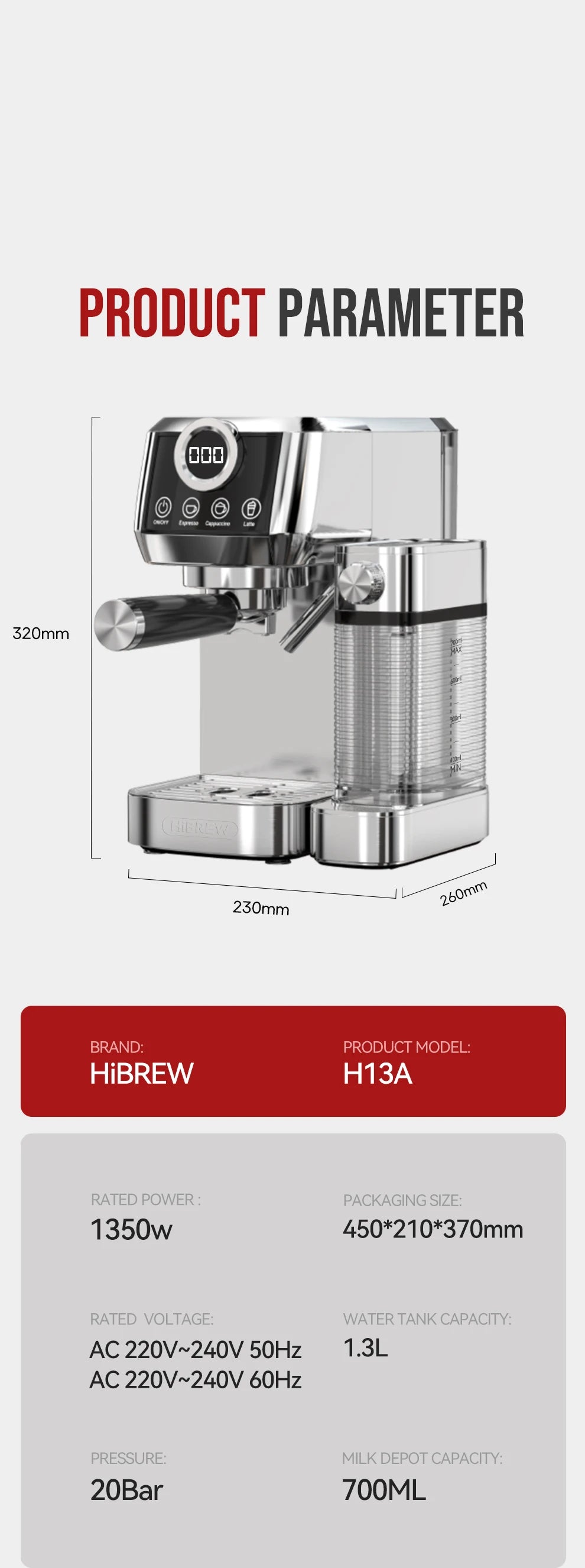 HiBREW  3 in 1 Semi Automatic Espresso Cappuccino Latte Coffee Machine Automatic Milk Froth Ground Coffee Stainless Steels H13A