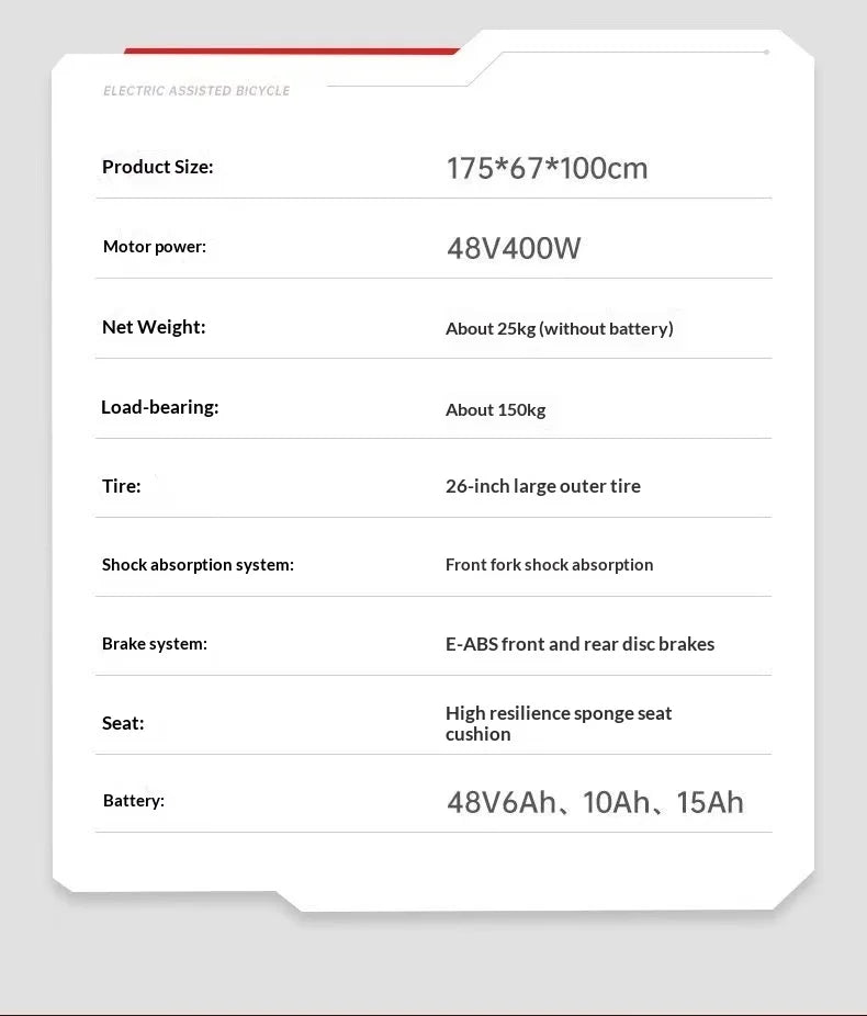 Adult ebike 26-inch 7-speed 400W motor 48V 20AH lithium battery electric bicycle, mountain road shock-absorbing electric bike