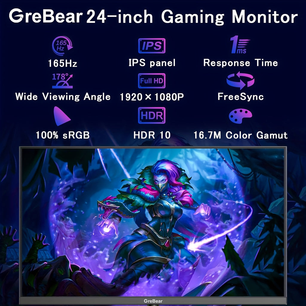 165/144Hz Gaming Monitor 24 Inch - FHD 1080P IPS Screen 1ms (GTG) Home Office Computer Display, FreeSync Technology, 100% sRGB, HDR, HDMI, DP, Built-in Speaker, Tilt Adjustable, 100×100 mm VESA