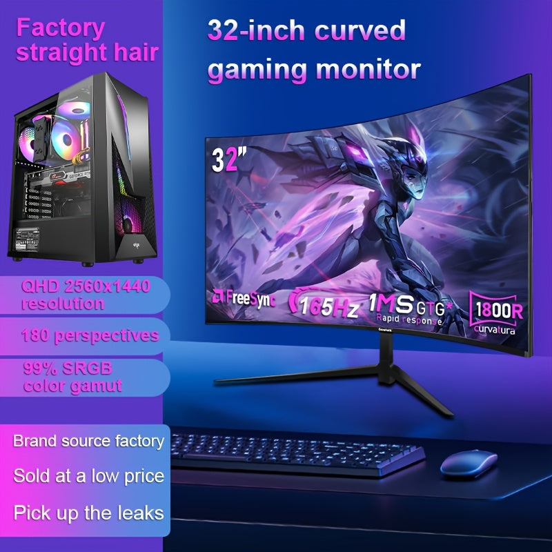 1pc GAWFOLK 32" Curved Gaming Monitor, 165Hz High Refresh Rate, 1ms Response Time, HDR400, 2560x1440 Resolution, LED Backlight, NTSC Color Gamut, Anti-Tear Technology, US Plug, 110V/220V, for Home & Office Use