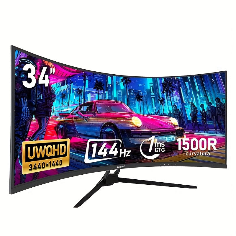Gawfolk 34" Ultra-Wide Curved Gaming Monitor - 144Hz, UWQHD (3440x1440), Adaptive Sync, 178° Viewing Angle, Display Port, Wall Mount Compatible, Black