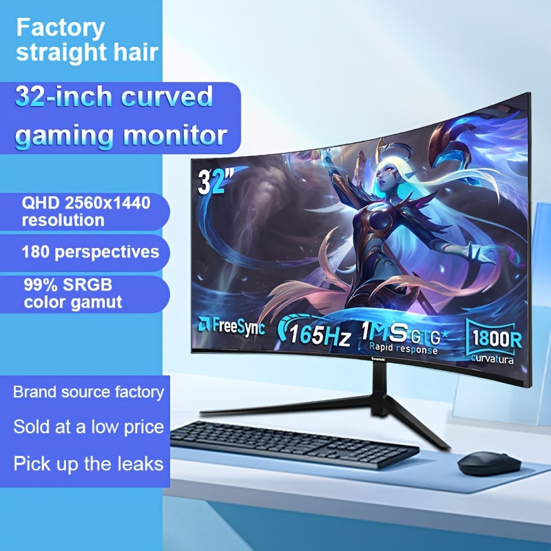 1pc GAWFOLK 32" Curved Gaming Monitor, 165Hz High Refresh Rate, 1ms Response Time, HDR400, 2560x1440 Resolution, LED Backlight, NTSC Color Gamut, Anti-Tear Technology, US Plug, 110V/220V, for Home & Office Use